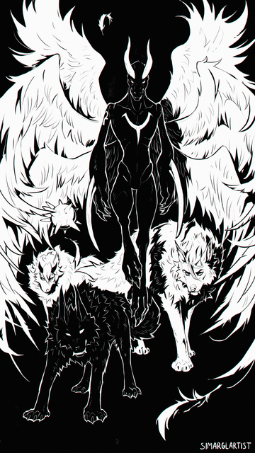 Seraphim with 3 Wolves behind it. Furry art. Wolves are owned by the artist Simargl, names are in post.