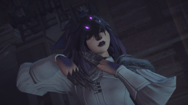 My heavily modded Final Fantasy 14 character posing for the camera in a dark room. She is wearing metal claw gloves, a white buttoned up shirt with some light armor, and wolf mask headpiece that partially obscures her face.