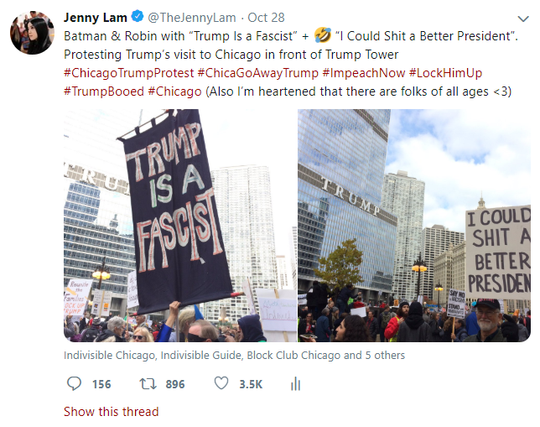 Screenshot from 2019 of one of Jenny Lam's viral tweets with photos of a protest from when Donald Trump visited Chicago
