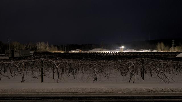 A roadside scene: a strip of highway. Above that, dormant grape vines in a vineyard, their twisted fibrous bones covered and outlined in snow. Above and beyond that: a bright light on a small outbuilding of some kind, illuminating the snowscape near it, on the same horizontal layer as skeletal, washed-out trees slightly illuminated by the light. Beyond/above that: a dark sky with a hint of hills and wind turbines.