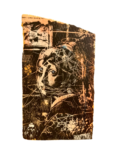 A mixed-media artwork inspired by Vermeer’s Girl with a Pearl Earring. The piece features a collage combining photos, drawings, and overlays created by Petja Siebenstein, with elements from the original painting incorporated. The artwork is applied as decoupage onto a fragment of insulation board, giving it a textured, unconventional surface. The colors and textures evoke a blend of classic and modern, with a slightly weathered and experimental aesthetic.