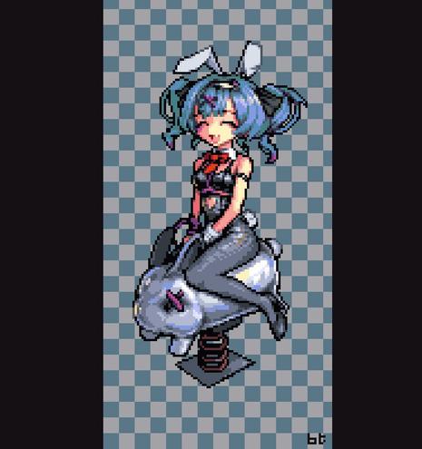 Pixel art showing Hatsune Miku in the rabbit hole animation by artist CASTSTATION, dressed as a bunny and riding on a toy.