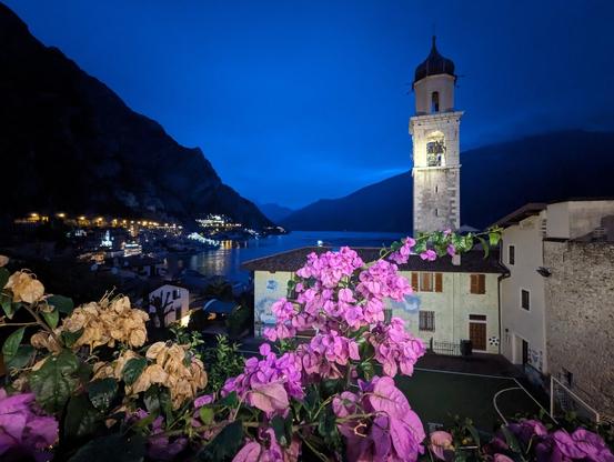 A picturesque night scene with a church tower illuminated against a twilight sky. The tower overlooks Limone nestled along the shore of a calm Lake Garda, framed by vibrant pink bougainvillea.