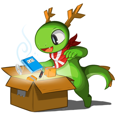 Konqi, a bright green lizard-like creature with antlers and a red bandana with a large K on it is peering into a cardboard box which is glowing from the inside. Inside the box are several items floating out of it: a blue book, a CD, a USB flash drive, and two small, orange cardboard packages.  A light blue magical swirl is emanating from the box.