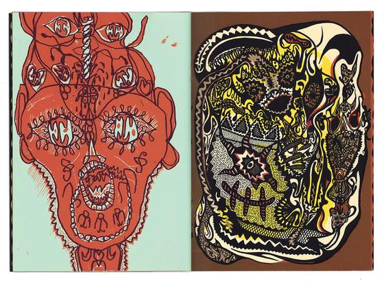 double page de l'ouvrage "serpent racine" : dessins imprimés en noir, en rouge, en jaune et dans des tons marrons. Figures totémiques et ornements graphiques.