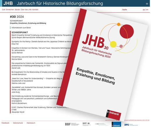 Screenshot der JHB-Webseite, Band 30 und Cover des Printbandes mit dem Titel "Empathie, Emotionen, Erziehung und Bildung.