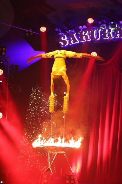 A balancing act in three parts (part one).
A young man is upside down (not sure what you call his position in English, sorry), with each hand on a pile of bricks, themselves on top of two poles. Oh, and he's blindfolded and there's fire around the poles.