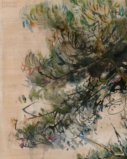 Detail of a watercolor painting on wood, showing ink lines and soft color depicting tree branches.