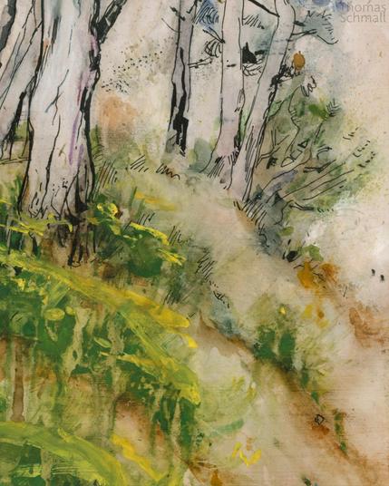 Detail of a watercolor painting showing pine tree trunks and yellow flowers.