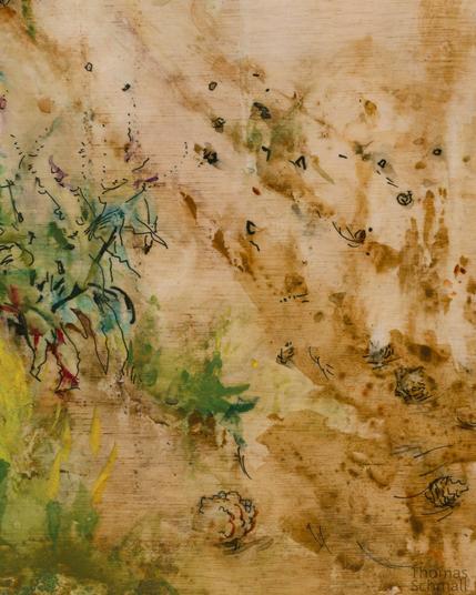Detail of a watercolor painting showing pine cones fallen on sand dunes.