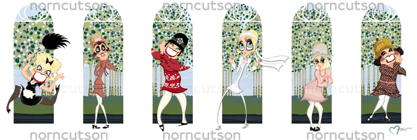 KEN RUSSELL’S THE BOYFRIEND.
2010.

On a white background, six vignettes of lovely elm trees, each with a character posing in front.
They’re all dressed in gorgeous 1920’a fashion.

My signature to the lower right.