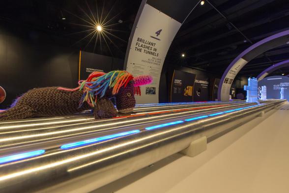 Max, das bunte Strickhorn, zeigt in einem Modell des Europäischen Freie Elektronen-Lasers die verschiedenen Strahltransportsysteme; hier ist er am Ende der roten Leuchtspuren, welchen für die Elektronen stehen.