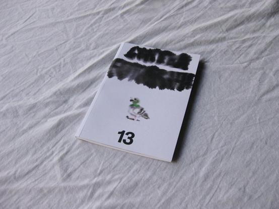 Portada de Contrafotografía 13. La fotografía muestra la revista sobre una tela blanca. La portada contiene las letras "Contrafotografía" en una tipografía hecha con acuarelas y mucha agua, haciendo que se desdibuje mucho el contorno. También tiene el dibujo de una paloma con la misma técnica.