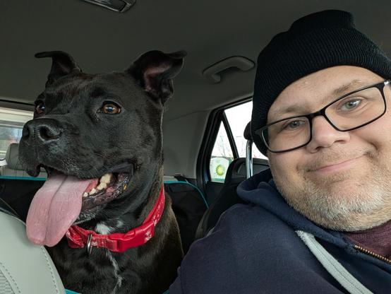 Selfie, with Pepper (black lab / Staffy mix) and I sitting in a car.