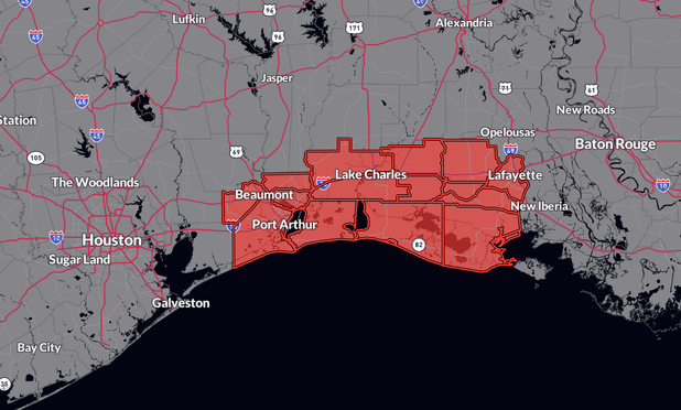 A map showing the blizzard warning, which includes Beaumont, Port Arthur, Lake Charles, and Lafayette.