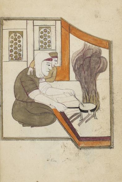 Ottoman Manuscript Page Miniature: Child Watching His Mother Cook