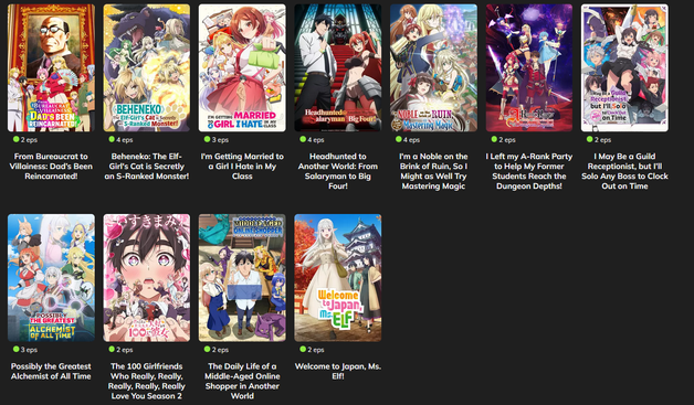 Screenshot of 11 anime series w/ cover art. 

Series shown are:

From Bureaucrat to Villainess: Dad’s Been Reincarnated!
Beheneko: The Elf-Girl's Cat is Secretly an S-Ranked Monster!
I'm Getting Married to a Girl I Hate in My Class
Headhunted to Another World: From Salaryman to Big Four!
I'm a Noble on the Brink of Ruin, So I Might as Well Try Mastering Magic
I Left my A-Rank Party to Help My Former Students Reach the Dungeon Depths!
I May Be a Guild Receptionist, but I’ll Solo Any Boss to Clock Out on Time
Possibly the Greatest Alchemist of All Time
The 100 Girlfriends Who Really, Really, Really, Really, Really Love You Season 2
The Daily Life of a Middle-Aged Online Shopper in Another World
Welcome to Japan, Ms. Elf!
