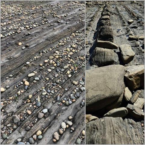 A photos collage of two sections of a rocky shoreline. On the left, smooth, oval pebbles of different colors (beige, gray, green) are scattered across dark, rippled bedrock. On the right, larger, irregularly shaped boulders with a rugged texture are more visibly clustered together against the exposed sedimentary rock. The composition illustrates the transitional landscape between the water & land, highlighting the geological features & varying rock sizes.