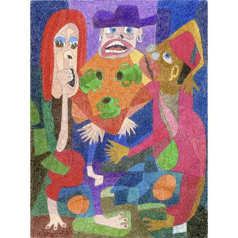 Three abstractly drawn human figures in bright colors sit at a table and drink coffee together. One of the human figures resembles a monkey.