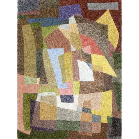 An abstract drawing in colored pencil with many brown, yellow and green tones.