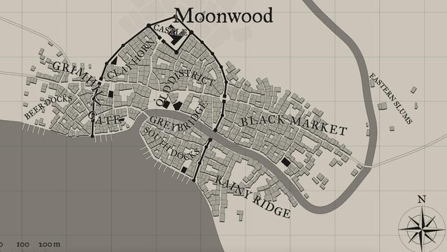 A randomly generated medieval city, located on a bay, with a river flowing through it. A city wall and fortress appears in the center of the city.