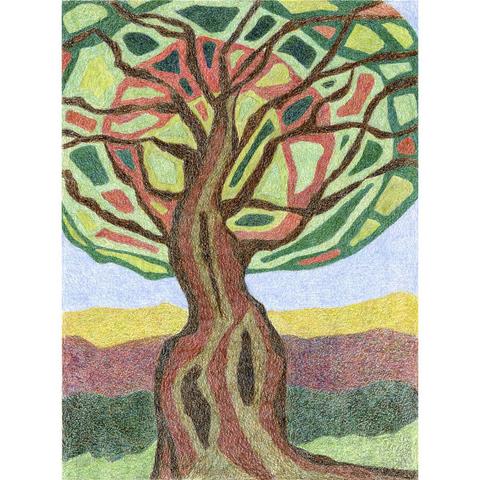 Drawing with colored pencil of a tree with a sturdy trunk and a round crown. It seems as if the earth is carried by the tree. The colors used are mainly green, brown and yellow.