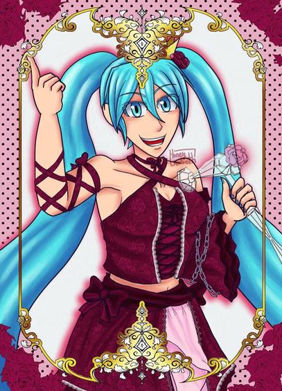 Fanart of Hatsune Miku in her Vintage Module, inside a golden frame, and some polka dots and roses around.