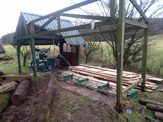 The sawmill shed, seen from the loading side, with fresh cut boards stacked behind it.