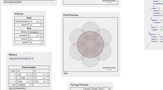 Screenshot einer simplen Web-GUI zur Eingabe der Probengröße für ein 3D-Röntgenmikroskop: aus Höhe und Durchmesser wird ein Stitch-Muster vorgeschlagen, um das Objekt mit dem Röntgenstrahl abzurastern.