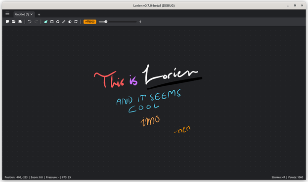 Screenshot of the app on Linux. I wrote some example text using multiple colors and brush sizes:

This is Lorien
AND IT SEEMS
COOL
imo
–nen