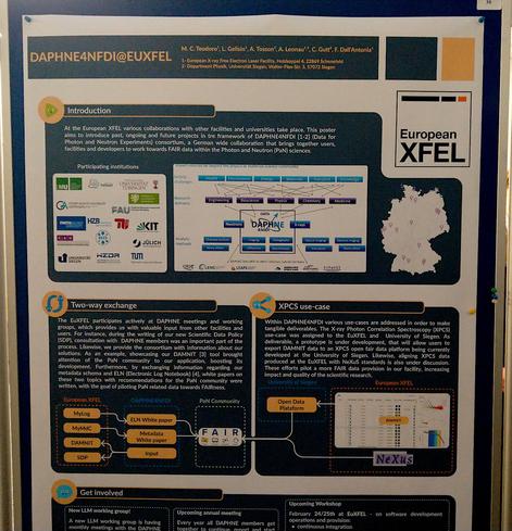 Foto-Repro eines wissenschaftlichen Posters, Titel: DAPHNE4NFDI @ EUXFEL.

Zusammenfassung mittels ChatGPT 4o:

Das wissenschaftliche Poster beschreibt die Aktivitäten des DAPHNE4NFDI-Konsortiums am European XFEL, einem Freie-Elektronen-Laser. Das Konsortium bündelt nationale und internationale Kooperationen, um eine Forschungsdateninfrastruktur für die Photonen- und Neutronenforschung (PaN) aufzubauen. Ziel ist es, Daten von Experimenten FAIR (auffindbar, zugänglich, interoperabel und wiederverwendbar) zu machen.

Wichtige Inhalte:
- **Zwei-Wege-Austausch**: Zusammenarbeit zwischen den Forschungseinrichtungen und der Nutzer-Community. Dabei geht es um Metadaten, Datenanalyse und die Integration in die Wissenschaftsgemeinschaft.
- **XPCS-Use-Case**: Vorgestellt wird die Technik der X-ray Photon Correlation Spectroscopy (XPCS), mit der Materialeigenschaften auf atomarer Ebene untersucht werden können. DAPHNE4NFDI unterstützt hier die Entwicklung einer offenen Plattform für automatisierte Datenanalysen.

Zusätzlich betont das Poster die Bedeutung von Workshops und Zusammenarbeit zur Entwicklung standardisierter und zugänglicher Analysemethoden. Dies fördert die Nutzung und Qualität wissenschaftlicher Daten.