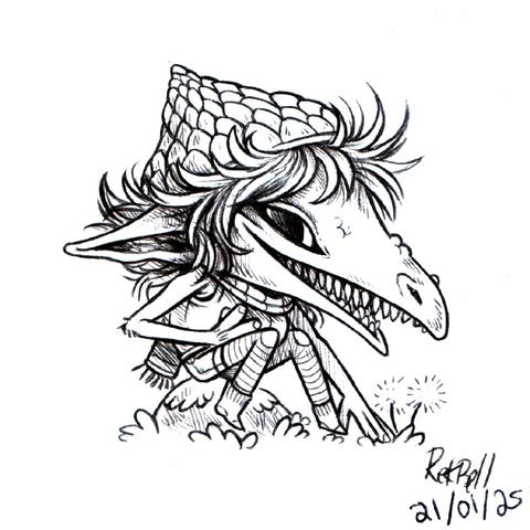 a goblin with a long pointed snout, long-limbed, with a tuque that is covered in scales.