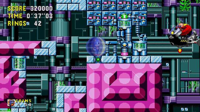 A screenshot of Sonic the Hedgehog CD in Sonic Origins on the Switch.

This scene features Sonic staring down a (for the time) very unique-looking Robotnik/Eggman, who had a very distinctly different head and body shape compared to the other 16-bit games. Which is kinda of funny, given that the game otherwise seemed to mostly recycle Sonic's sprite frames from the first game.

Also unlike the other games of the era, where the games were typically divided into themed "Zones" which were split across 2 to 3 "Acts" (i.e. levels), Sonic CD instead deals with themed "Rounds" which each have three "Zones" (levels). Due to the game's time travel mechanics, Zones 1 and 2 of each Round has four versions: past, present, bad future, and good future. Zone 3 always takes place in the future you've created.

This particular screenshot is taken in the Good Future version of Zone 3 of Tidal Tempest (i.e. the water world). Much of the geometry is build from magenta/pink blocks decorated with strange angles and bright circles, as well as glass-like trimmings and machines with plants growing out of them.