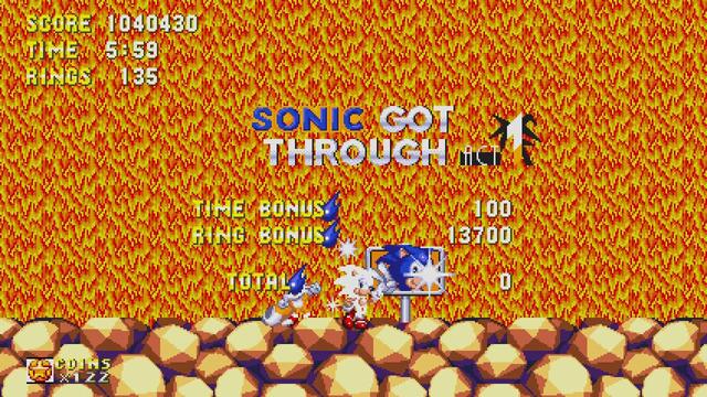 A screenshot of Sonic the Hedgehog 3 & Knuckles in Sonic Origins on the Switch.

Sonic 3 & Knuckles has been my favorite game in the series since it released. It has my favorite special stages, solid and distinct levels with interesting ways to traverse through them and cool set pieces, and the graphical overhaul from previous games just oozes style. The save files also made it much more approachable.

Unfortunately, it also feels like S3&K got the worst treatment of the games in Origins. They fixed a few rather harmless bugs from the original version, but in exchange they kind of messed up the physics a bit and introduced a whole slew of new ones. Including a few instances where just running into stationary objects caused instant death crushing damage.

This screenshot in particular is of a bug of the funnier variety. After defeating the mini-boss (by letting it attempt to crush Sonic) at the end of Lava Reef Act 1, Sonic didn't revert from his Hyper state as the "got through act" status screen went up (visible in the picture). His ring count continued to tick down, and he still had his Hyper palette and effects.

Once Act 2 started up properly, Sonic's rings got set to 0 and he reverted to his regular form, but at this point the bug had messed with the effect of the Thunder Shield he had acquired. He took damage as normal, but permanently had the double-jump ability and attracted nearby rings without any visible shield.

Picking up a different shield fixed things.