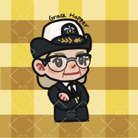 Cartoon drawing of Grace Hopper in uniform against a yellow checkered background