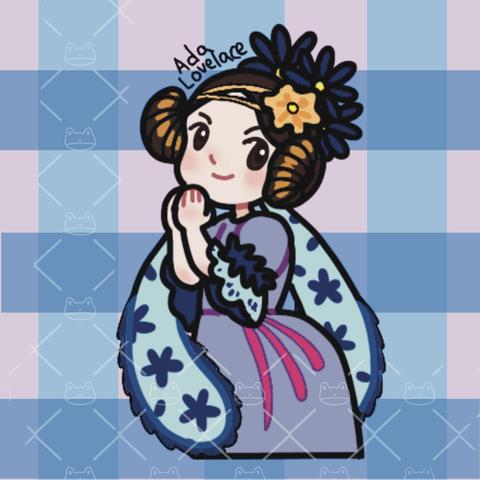 Cartoon drawing of Ada Lovelace with praying hands
