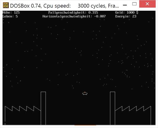 Screenshot aus dem Spiel "Handel". Landung auf dem Industrieplaneten.

DOSBox 0.74, Cpu speed: 3000 cycles, Fra... — — ohe: 125 Fallgeschwindigkeit: 0.315 Geld: 1000 Leben: S Horizontalgeschwindigkeit: -0.007 Energie: 23 _ {HH f”’lwm |