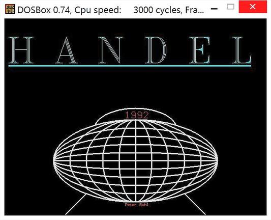 Screenshot aus dem Spiel "Handel".

Titelseite. Das Raumschiff (ein zigarremförmiges UFO) mit dem Schriftzug "HANDEL", der Jahreszahl 1992 und dem Verfasser Peter Guhl.