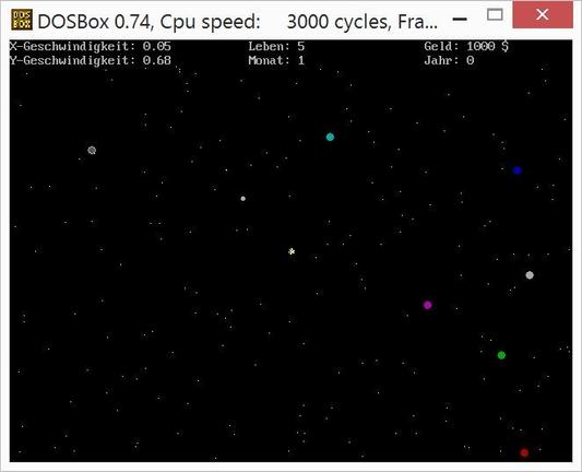 Screenshot aus dem Spiel "Handel". Navigation im Weltraum von Planet zu Planet.

DOSBox 0.74, Cpu speed: 3000 cycles, Fra... — [x-Geschuindigkeit: 0.65 Leben: 5 Geld: 1000 ~Geschuind igkeit: .68 Momat: 1 pAv . @ B B . . . B