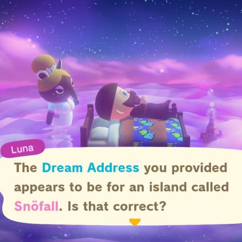 Animal Crossing: New Horizons screenshot. Image of the dream screen with Luna saying, "The Dream Address provided appears to be for Snöfall. Is that correct?" A bald, bearded, light skinned human villager is laying on a double wooden bed.