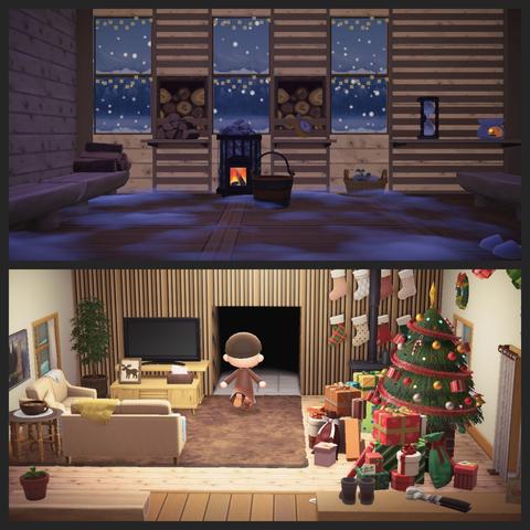 Collage of two Animal Crossing: New Horizons screenshots stacked vertically. Both are set indoors. The upper image shows a sauna style room with snowy windows, with the appearance of steam coming up from the floor. The lower screenshot shows a bald, light skinned villager walking from behind in brown in an earth toned living room with a Christmas tree on the right and stockings on the wall.