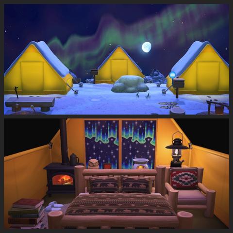 Collage of two Animal Crossing: New Horizons screenshots stacked vertically. The upper image shows a collection of three tents with lights inside and the aurora borealis in the night sky. The bottom shows the interior of one of the tents with a cozy log double bed, and a stove as well as a stack of books.