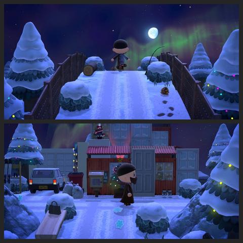 Collage of two Animal Crossing: New Horizons screenshots stacked vertically. Both are set outdoors. The upper image shows a bald, light skinned islander in all brown from behind walking across an elevated land bridge with trees along either side on a lower elevation at night. In the distance the aurora borealis and moon can be seen in the night sky. The lower image shows the same human standing in front of a faux house with a Christmas tree in front and the appearance of a driveway with a mini-car set inside it.