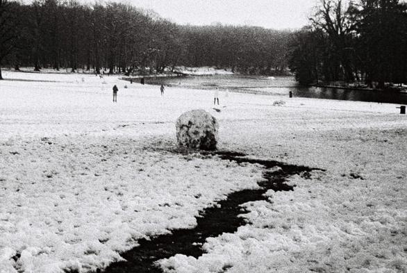 A big snowball leaving a trace/path uncovering the grass. Grainy black and white photo.