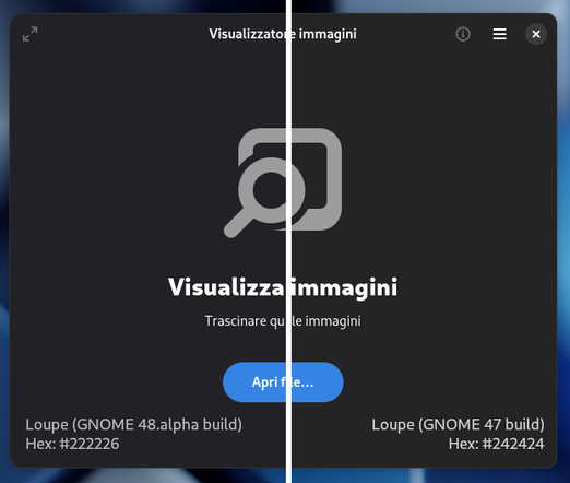 Libadwaita new color scheme on Loupe (48.alpha build), compared to the old color scheme on Loupe (47.2 build)