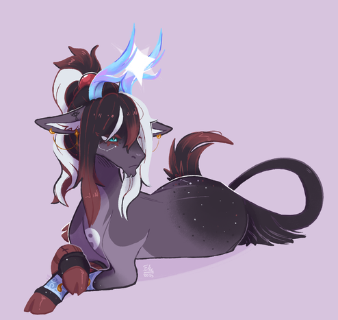A brown-grey furred unicorn with black-red-white hair. He has two crystal-blue horns with a lightsource between them. His fur is covered in constellation-like freckles. There's gold piercings in his ears. They're looking off to the side with a somber expression.