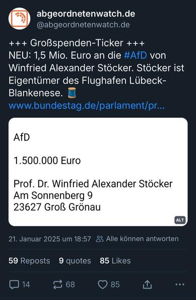 Screenshot vom Bluesky Post

+++ Großspenden-Ticker +++
NEU: 1,5 Mio. Euro an die #AfD von Winfried Alexander Stöcker. Stöcker ist Eigentümer des Flughafen Lübeck-Blankenese. 🧵