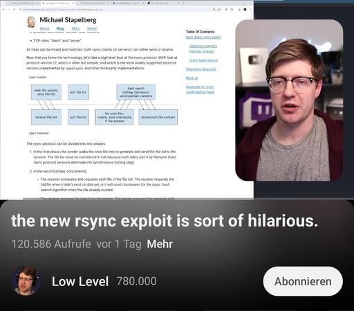 Screenshot from a YouTube video of creator "Low Level" titled "the new rsync exploit is sort of hilarious" with 120k views after one day, showing a screenshot of Michael Stapelberg's website with rsync documentation