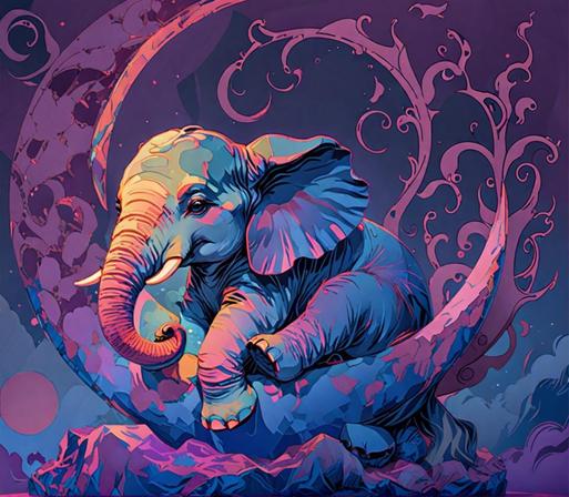 A vibrant, artistic depiction of an elephant serenely resting on an crescent moon-like arch. The elephant features bold shades of blue & purple, with intricate detailing in its ears & trunk. Surrounding the elephant is a crescent moon & decorative swirling vines add an ethereal quality. The background incorporates soft clouds & a hint of a circular shape that resembles a sun creating a dreamlike atmosphere.