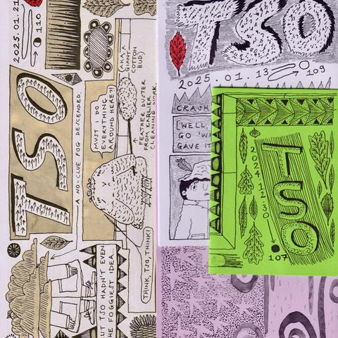 Four illustrated zines/comics featuring detective Tso looking worried and surrounded by a no-clue fog.
